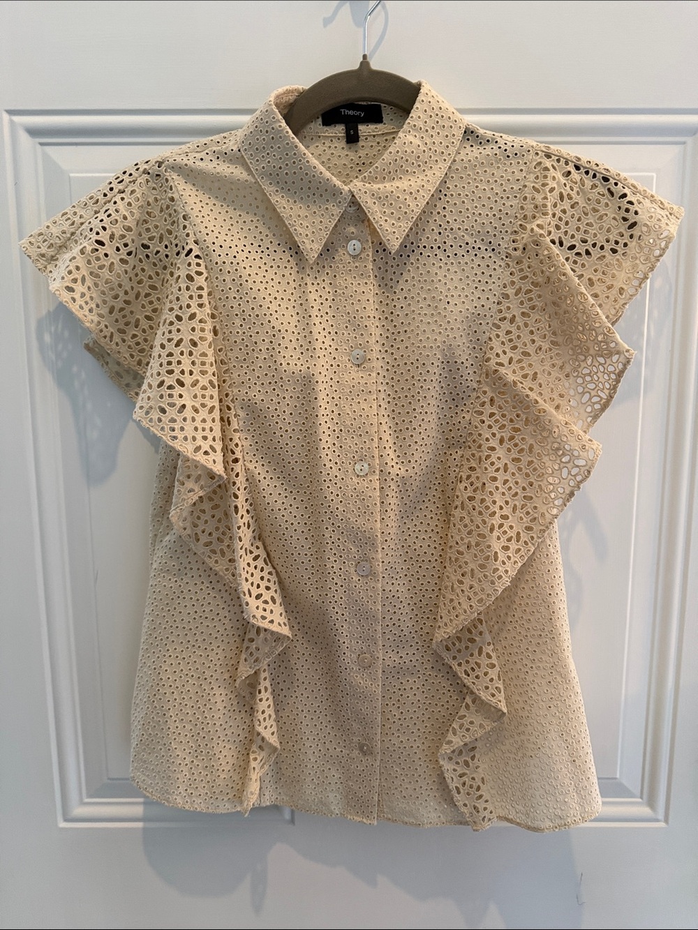 NWT Theory Nova Eyelet Ruffle Button-Down Top in Cream